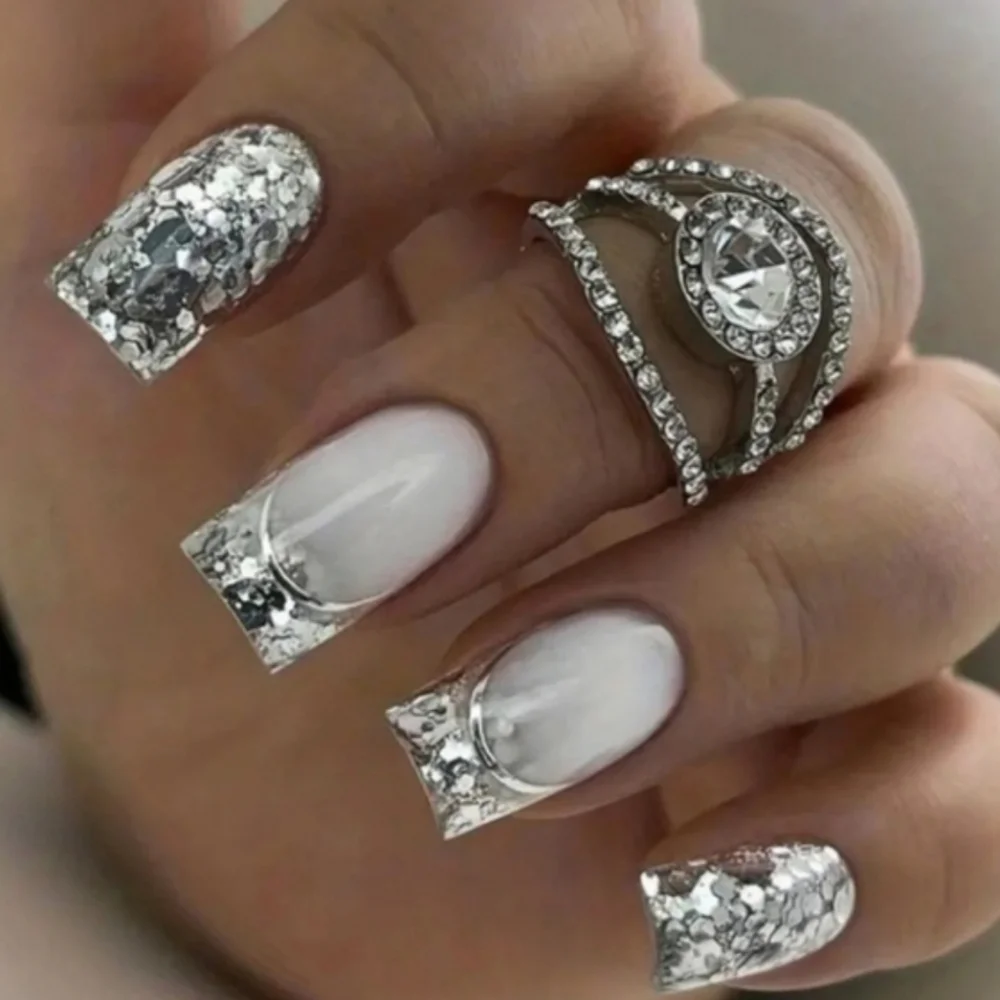 24 Pieces Glitter French Press On Nails